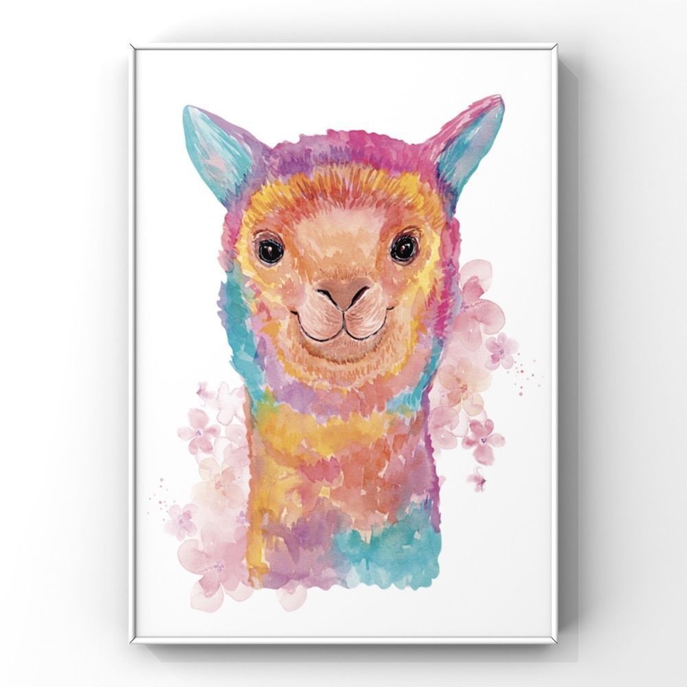 Blue Pink Yellow watercolor Lama portrait wall art home decor gift idea